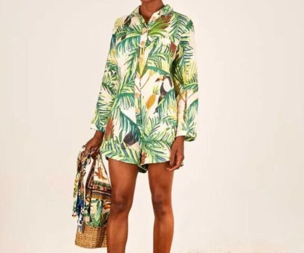 Farm Rio Toucan Paradise Romper Size SMALL Linen Retail $220 Anthropologie Beach